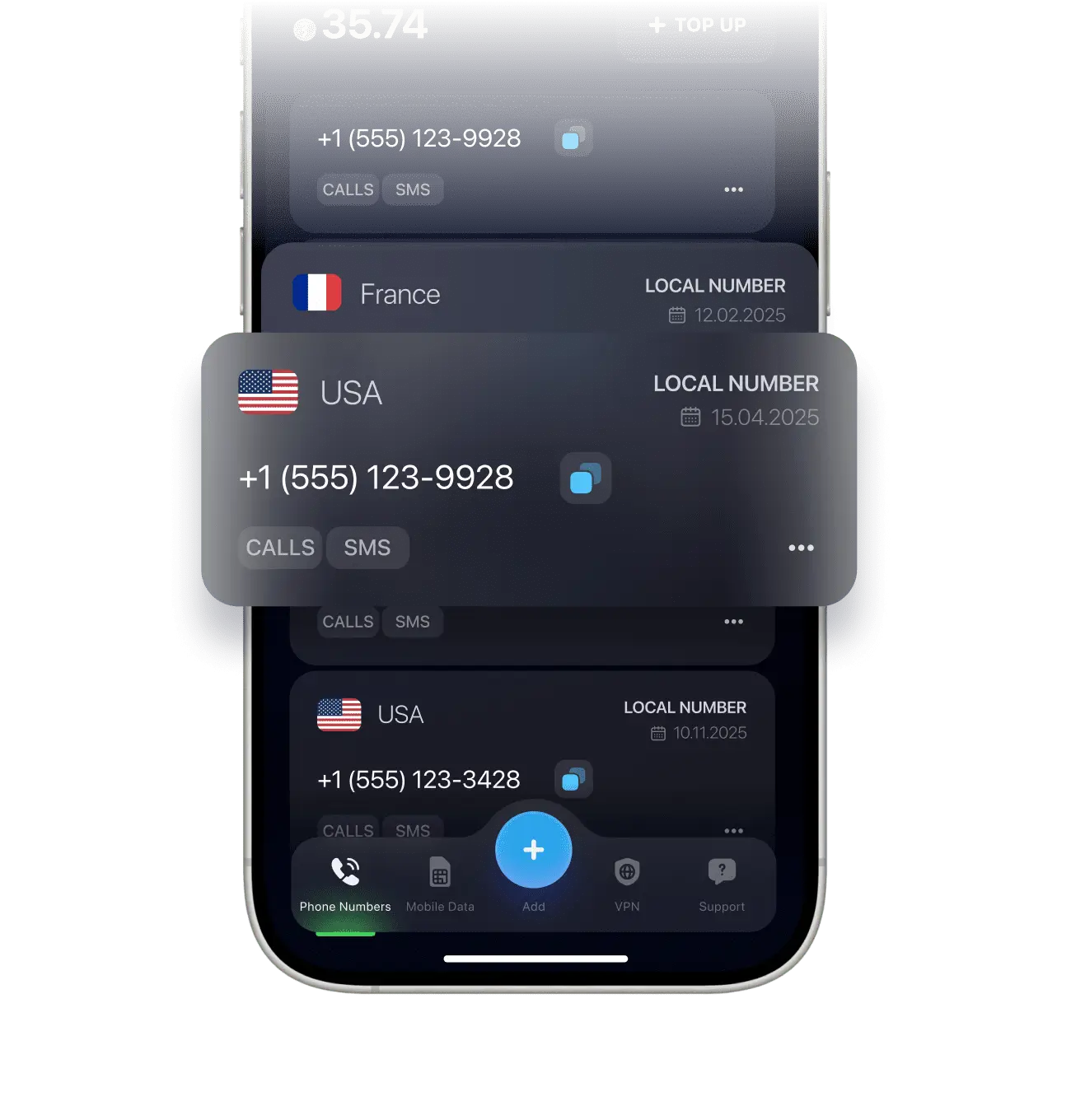 screenshot of the list of virtual phone numbers